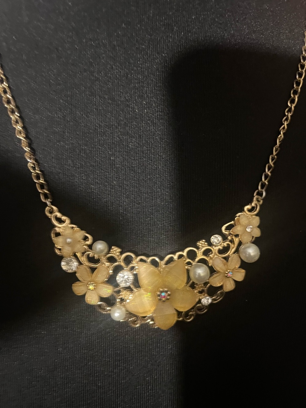 Gold tone Floral Statement Necklace with Pearls